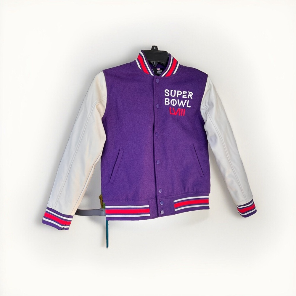 Kids Youth Small Super Bowl LVIII Purple Varsity Jacket Size S 8 NFL Apparel New